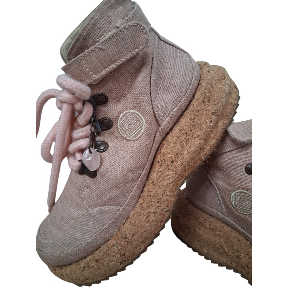 GAIA ESQ Eco Pink Hikers Canvas Adventure Boots Womens 7M Cork Chunky Platform - Picture 4 of 16